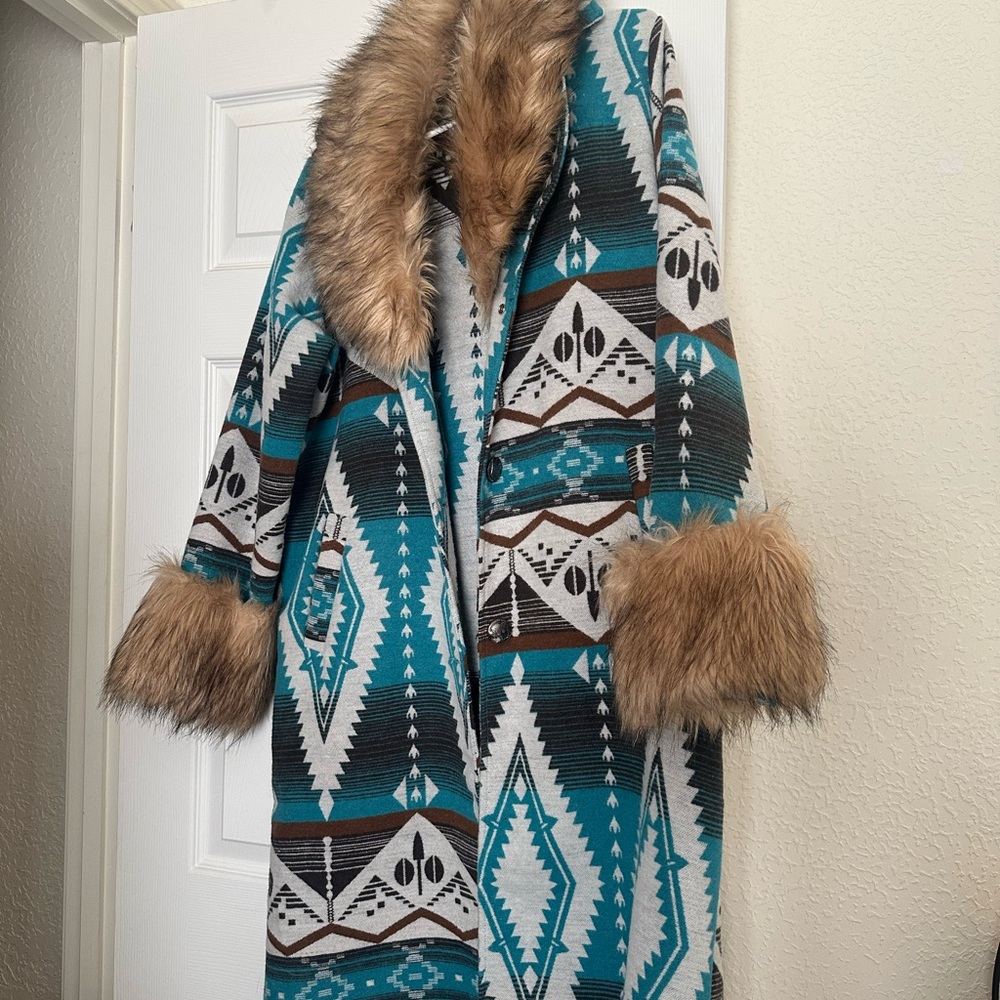 Lucky & Blessed Tribal Pattern Coat with Faux Fur